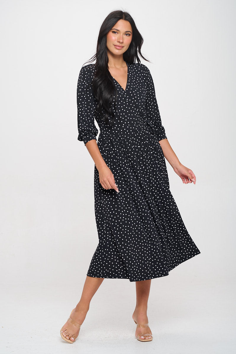 Image of West K Hadley Three Quarter Sleeve Full Wrap Dress Black White Dots