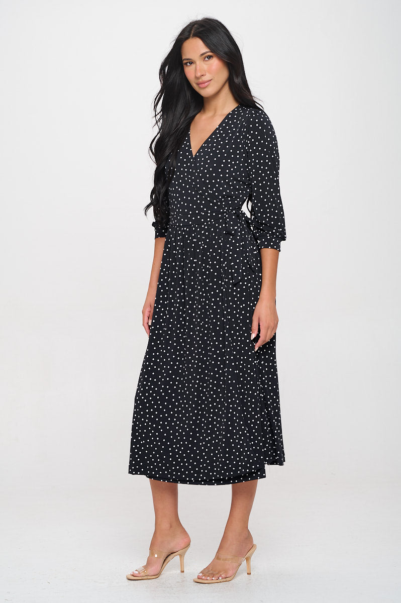 Image of West K Hadley Three Quarter Sleeve Full Wrap Dress Black White Dots