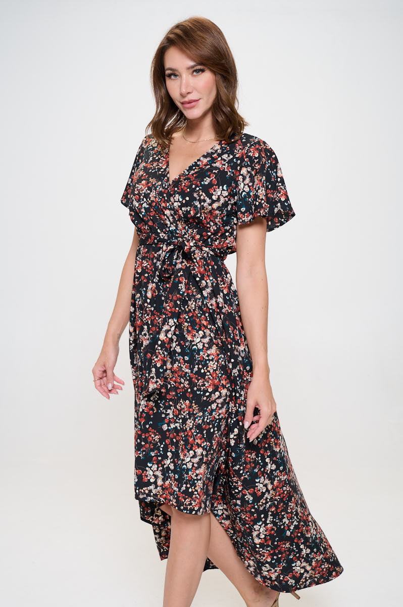 Woven Georgia Faux Wrap Dress with High-Low Hem and Tie Waist