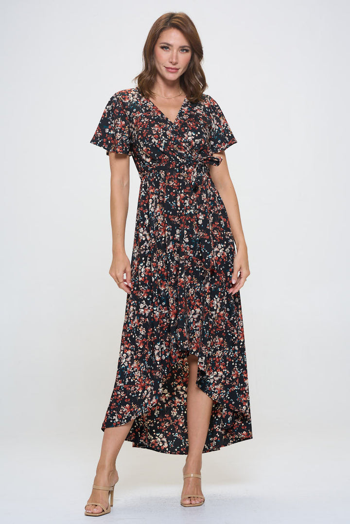 Woven Georgia Faux Wrap Dress with High-Low Hem and Tie Waist