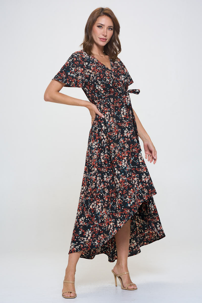 Woven Georgia Faux Wrap Dress with High-Low Hem and Tie Waist