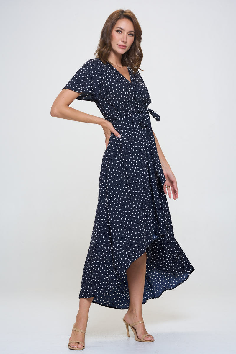 Woven Georgia Faux Wrap Dress with High-Low Hem and Tie Waist