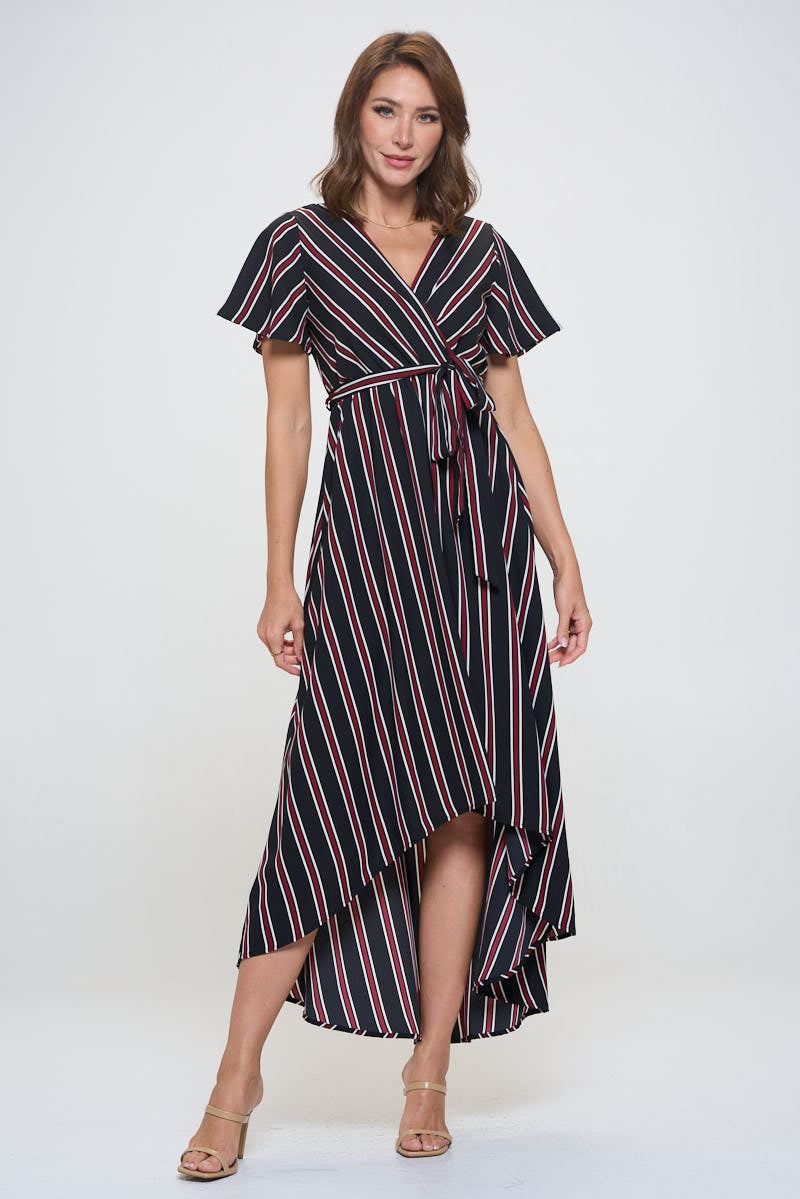 Woven Georgia Faux Wrap Dress with High-Low Hem and Tie Waist