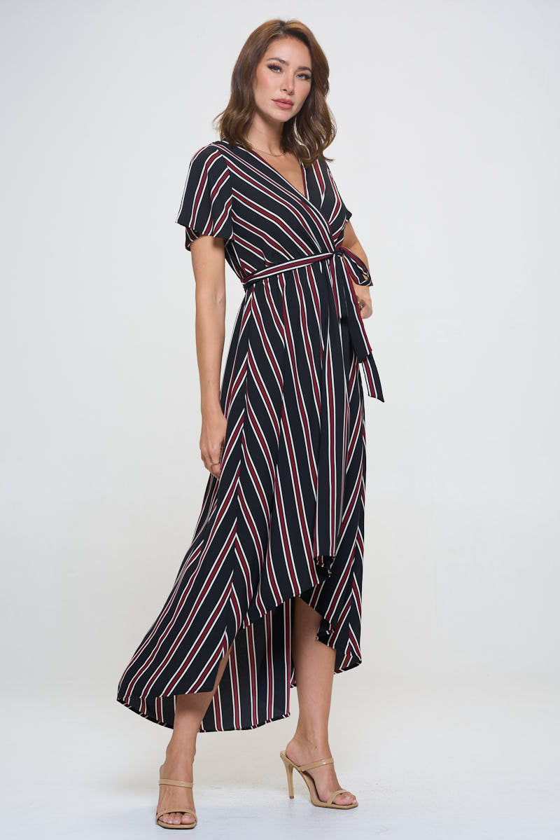 Woven Georgia Faux Wrap Dress with High-Low Hem and Tie Waist