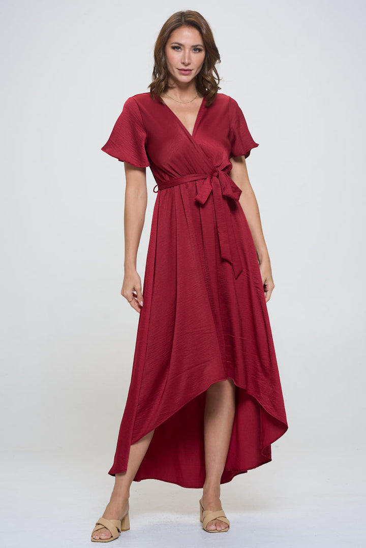 Crinkled Satin Georgia Faux Wrap Dress with Hi-Low Hem and Tie Waist