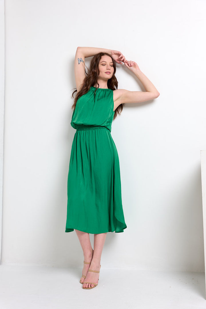 Viviana Smocked-Waist Satin Tank Midi Dress