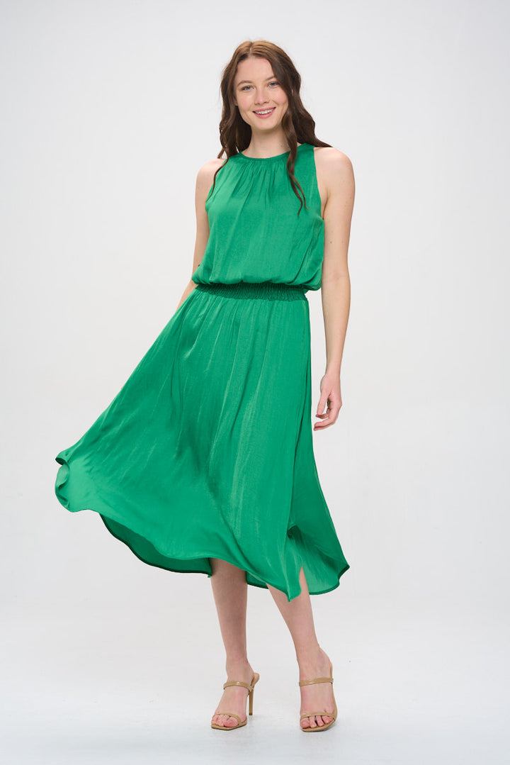 Viviana Smocked-Waist Satin Tank Midi Dress