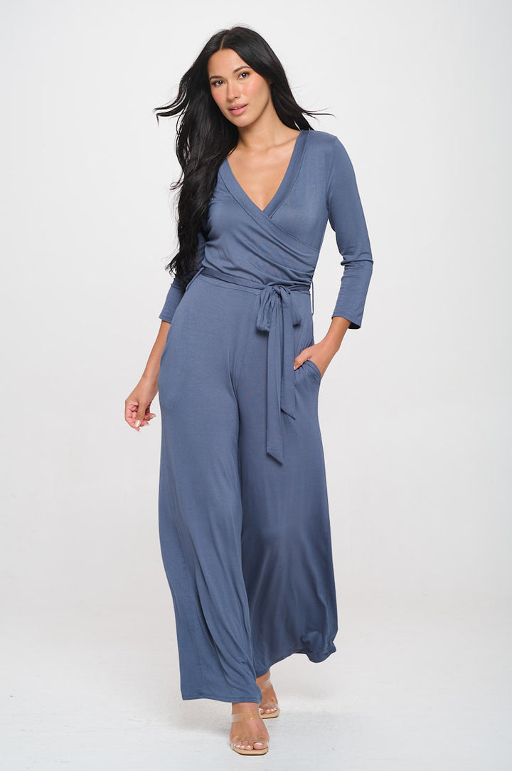 Shay Surplice Neck Three Quarter Sleeve Jumpsuit