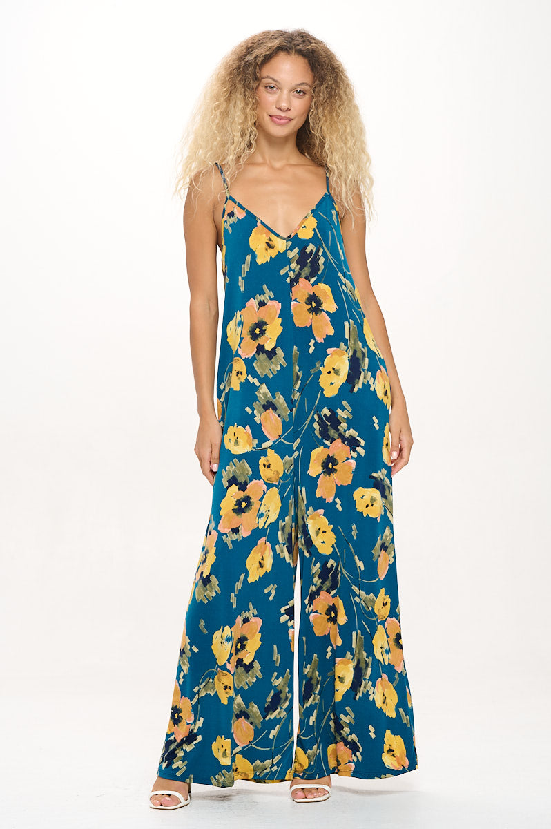 Image of West K Alaiya Knit Strappy Jumpsuit Teal Yellow Floral