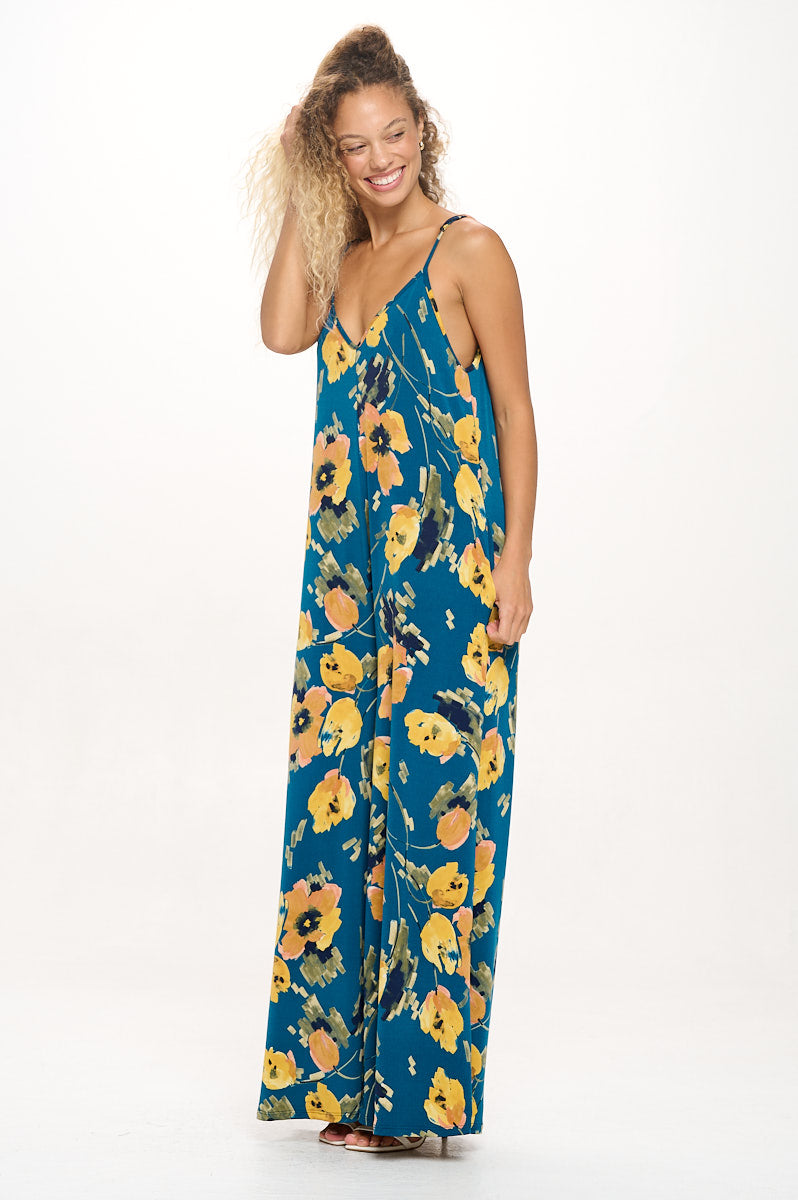 Image of West K Alaiya Knit Strappy Jumpsuit Teal Yellow Floral