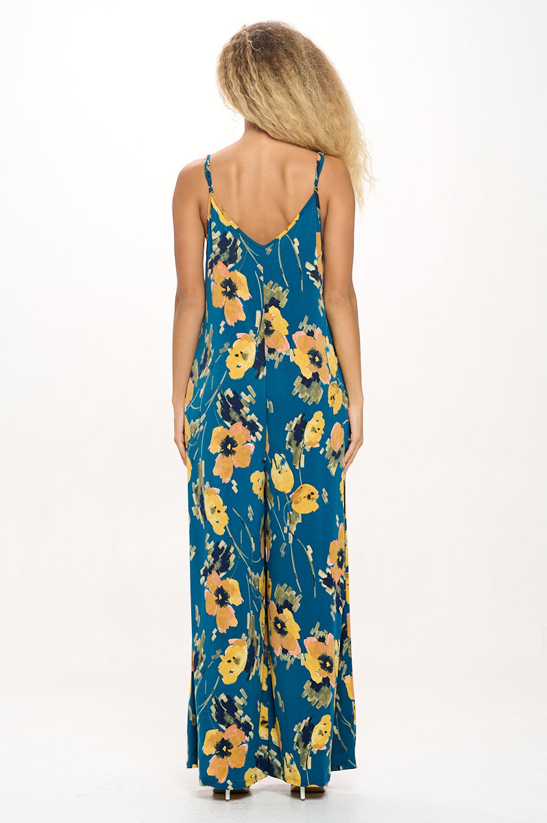 Image of West K Alaiya Knit Strappy Jumpsuit Teal Yellow Floral