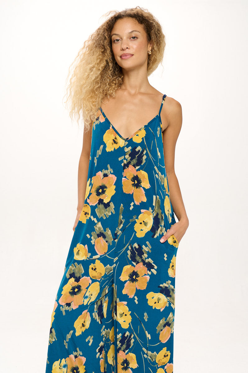 Image of West K Alaiya Knit Strappy Jumpsuit Teal Yellow Floral