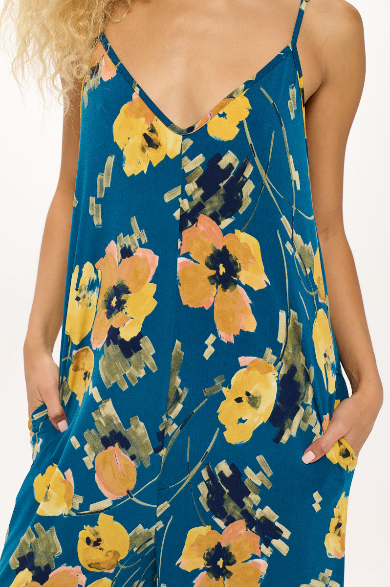 Image of West K Alaiya Knit Strappy Jumpsuit Teal Yellow Floral