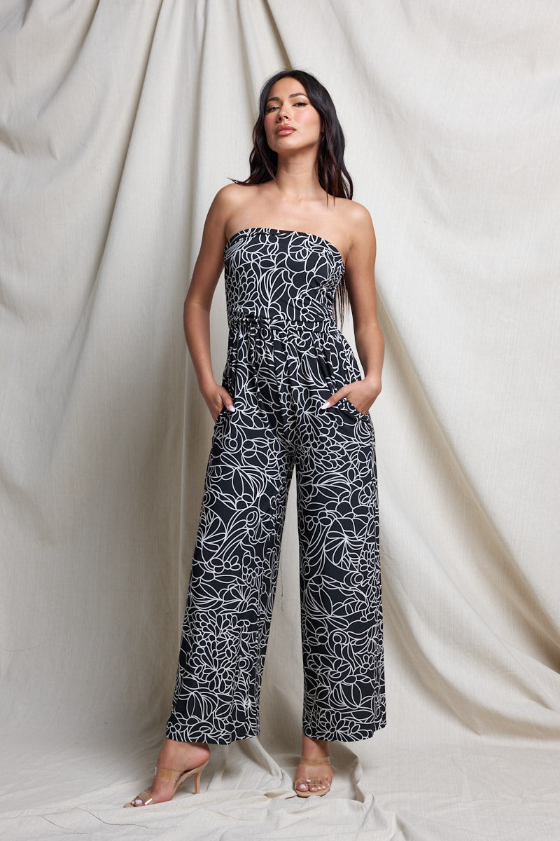 Image of West K Kara Strapless Knit Jumpsuit Black Mono Floral