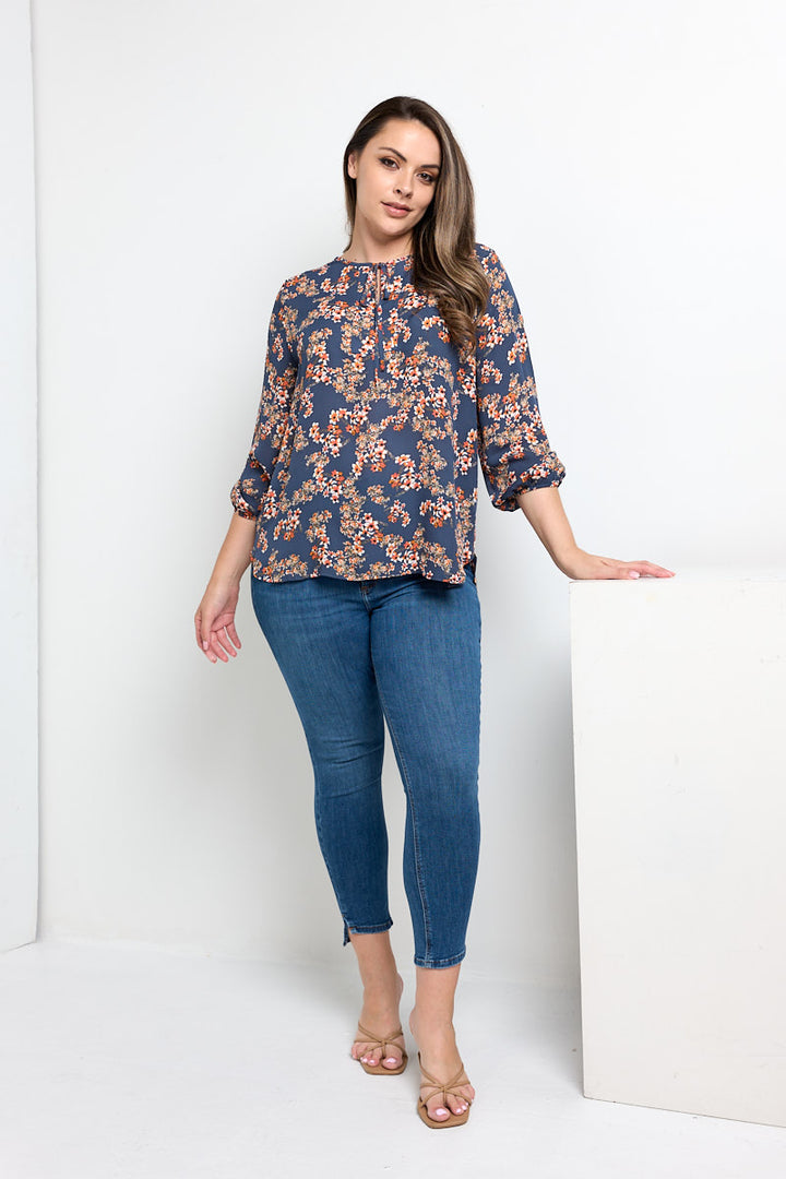 Sophia Plus Size Three Quarter Balloon Sleeve Printed Everyday Blouse