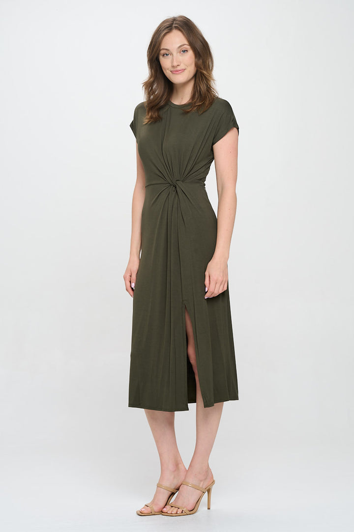 Parker Crew-Neck Short Sleeve Knob-Front Midi Dress with Slits