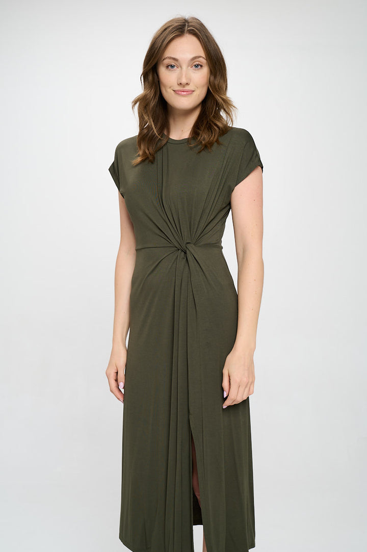 Parker Crew-Neck Short Sleeve Knob-Front Midi Dress with Slits