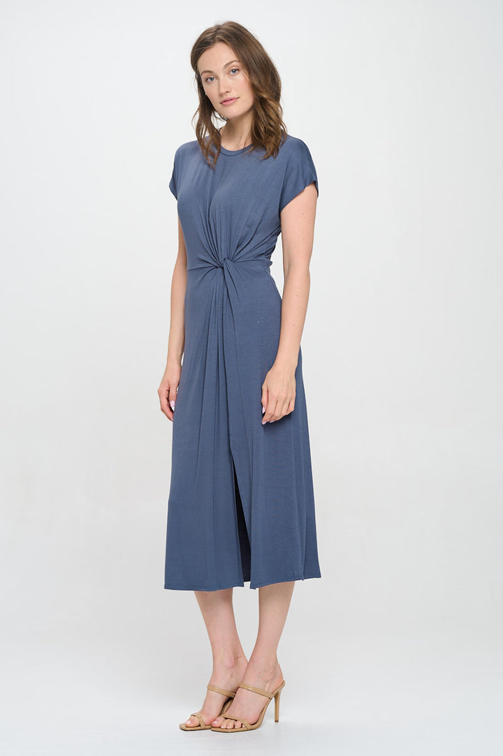 Parker Crew-Neck Short Sleeve Knob-Front Midi Dress with Slits