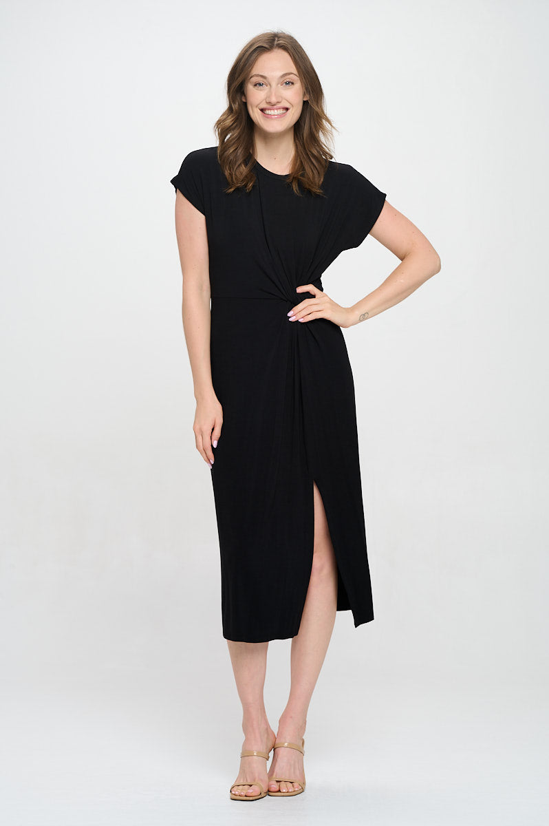 Parker Crew-Neck Short Sleeve Knob-Front Midi Dress with Slits