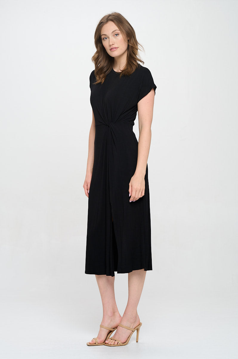 Parker Crew-Neck Short Sleeve Knob-Front Midi Dress with Slits