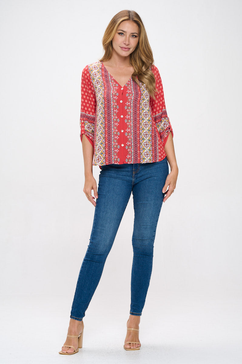 Lina Roll-tab Sleeve V-neck Blouse