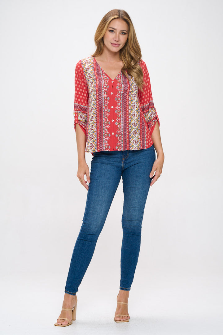 Lina Roll-tab Sleeve V-neck Blouse