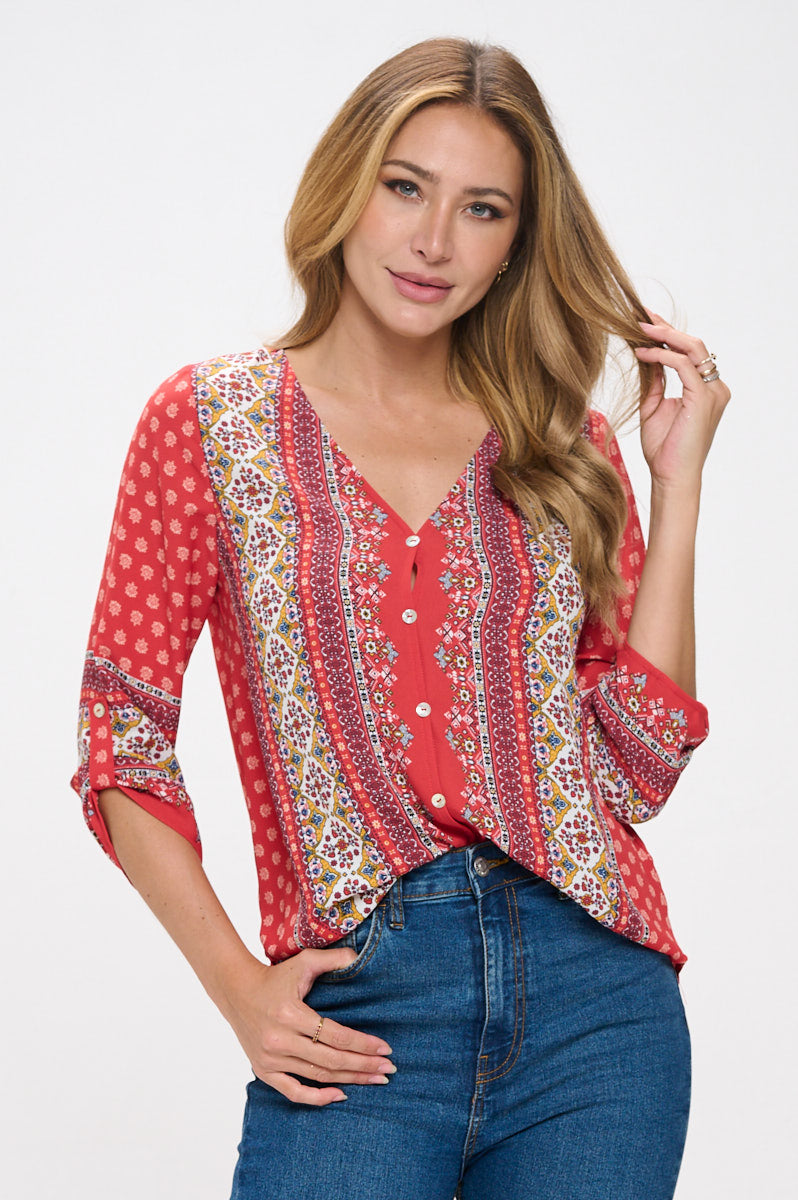 Lina Roll-tab Sleeve V-neck Blouse