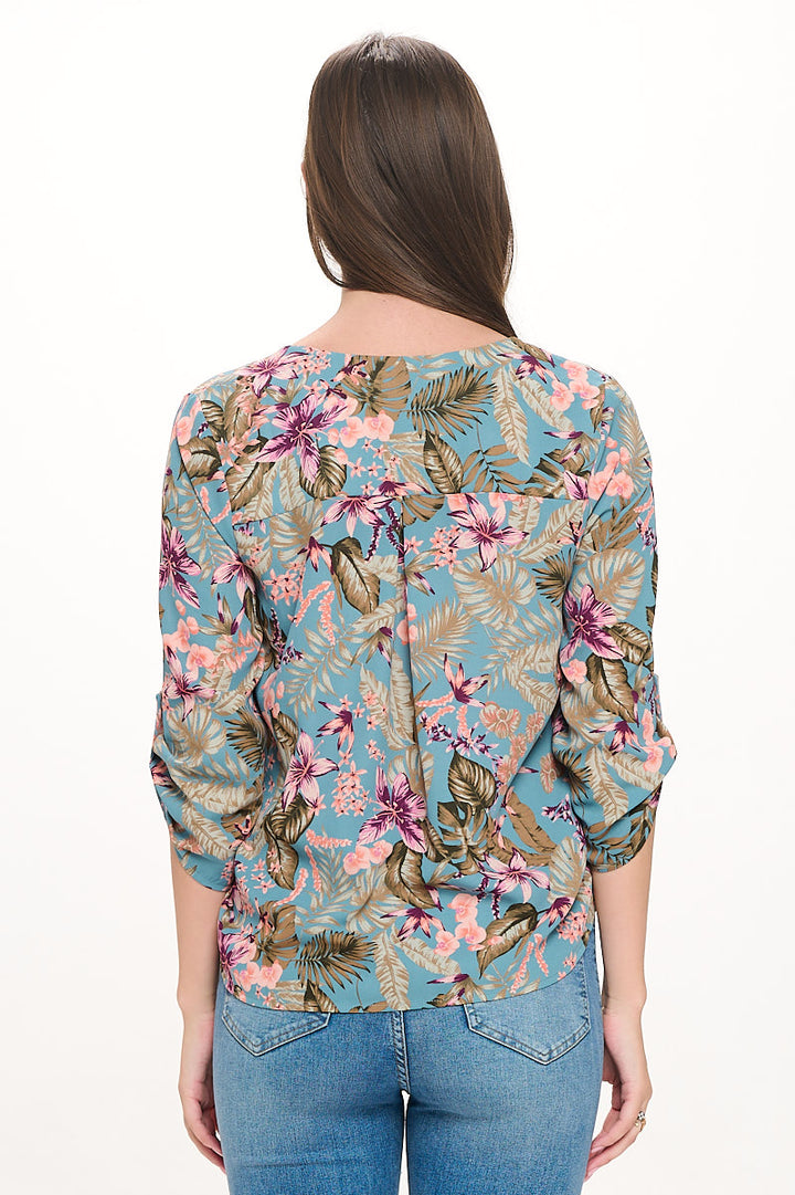 Image of West K Alexa Surplice Roll Tab Blouse Teal Blue Floral