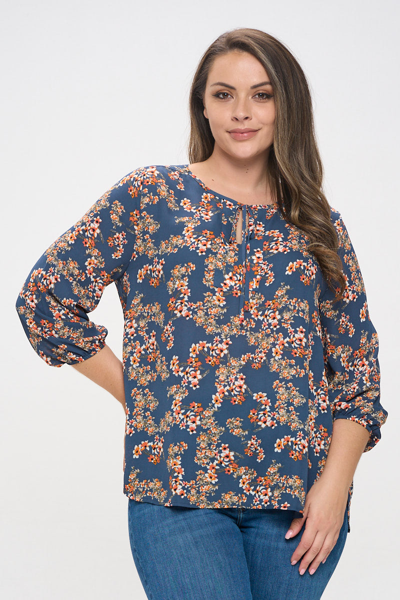 Sophia Plus Size Three Quarter Balloon Sleeve Printed Everyday Blouse