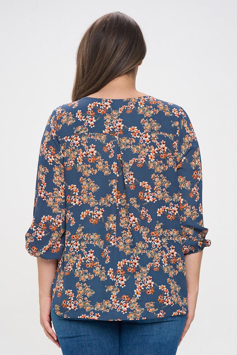 Sophia Plus Size Three Quarter Balloon Sleeve Printed Everyday Blouse