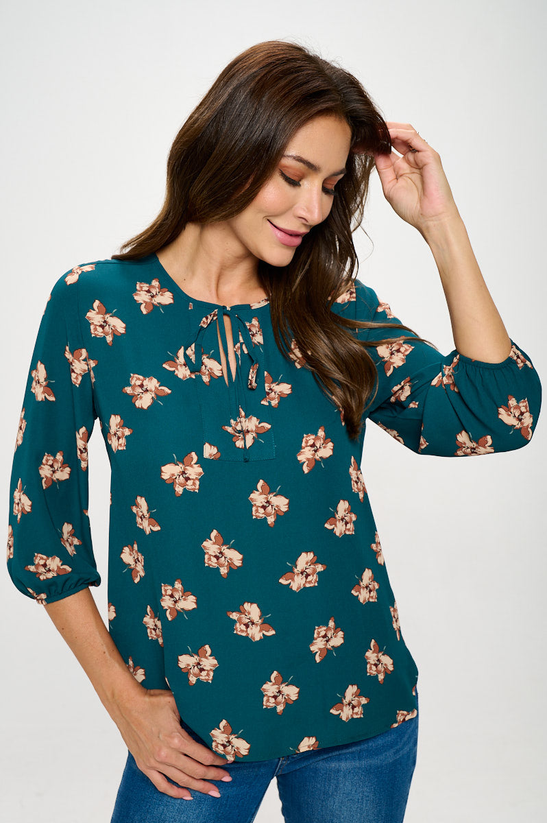 Sophia Three Quarter Balloon Sleeve Printed Everyday Blouse