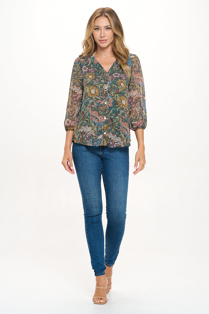 Catalina Three Quarter Sleeve V-Neck Faux-button Front Blouse