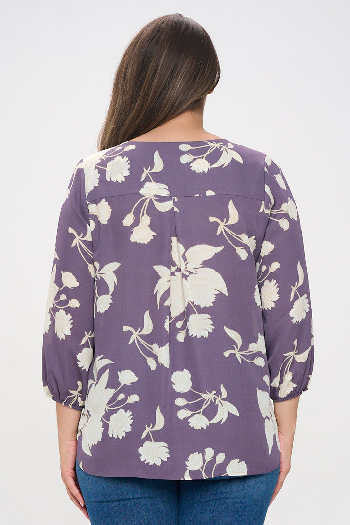 Sophia Plus Size Three Quarter Balloon Sleeve Printed Everyday Blouse