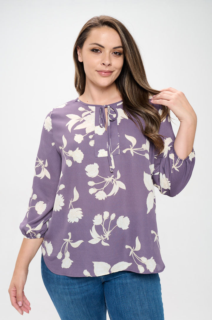 Sophia Plus Size Three Quarter Balloon Sleeve Printed Everyday Blouse