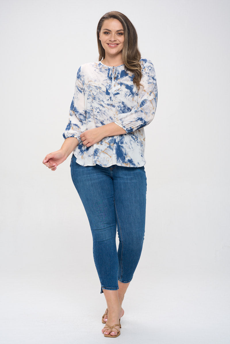 Sophia Plus Size Three Quarter Balloon Sleeve Printed Everyday Blouse