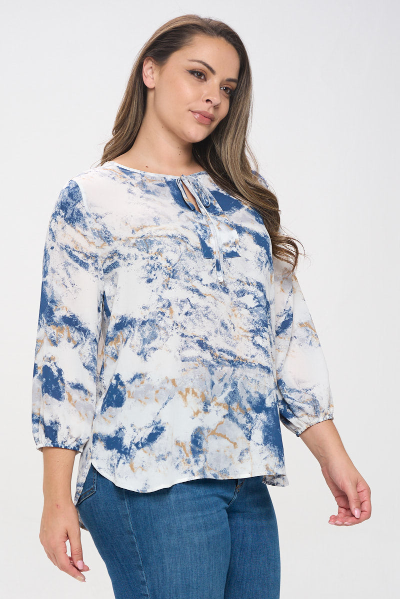 Sophia Plus Size Three Quarter Balloon Sleeve Printed Everyday Blouse