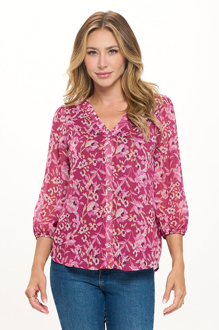 Catalina Three Quarter Sleeve V-Neck Faux-button Front Blouse