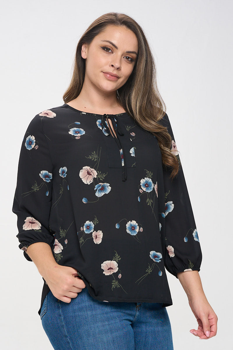 Sophia Plus Size Three Quarter Balloon Sleeve Printed Everyday Blouse