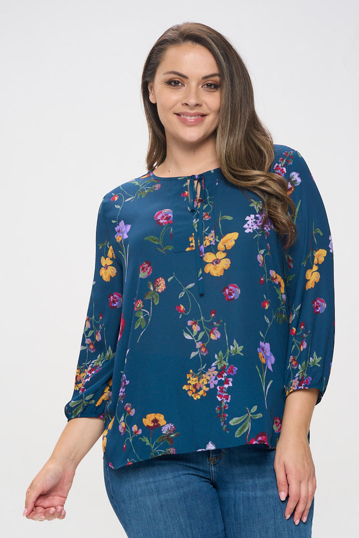 Sophia Plus Size Three Quarter Balloon Sleeve Printed Everyday Blouse