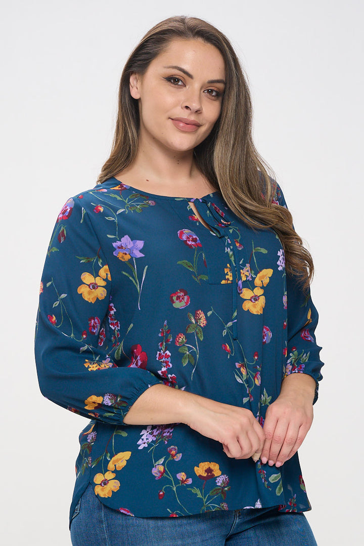 Sophia Plus Size Three Quarter Balloon Sleeve Printed Everyday Blouse