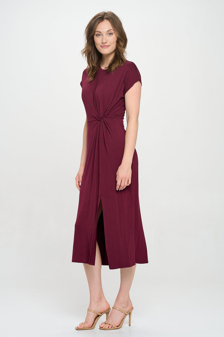 Parker Crew-Neck Short Sleeve Knob-Front Midi Dress with Slits