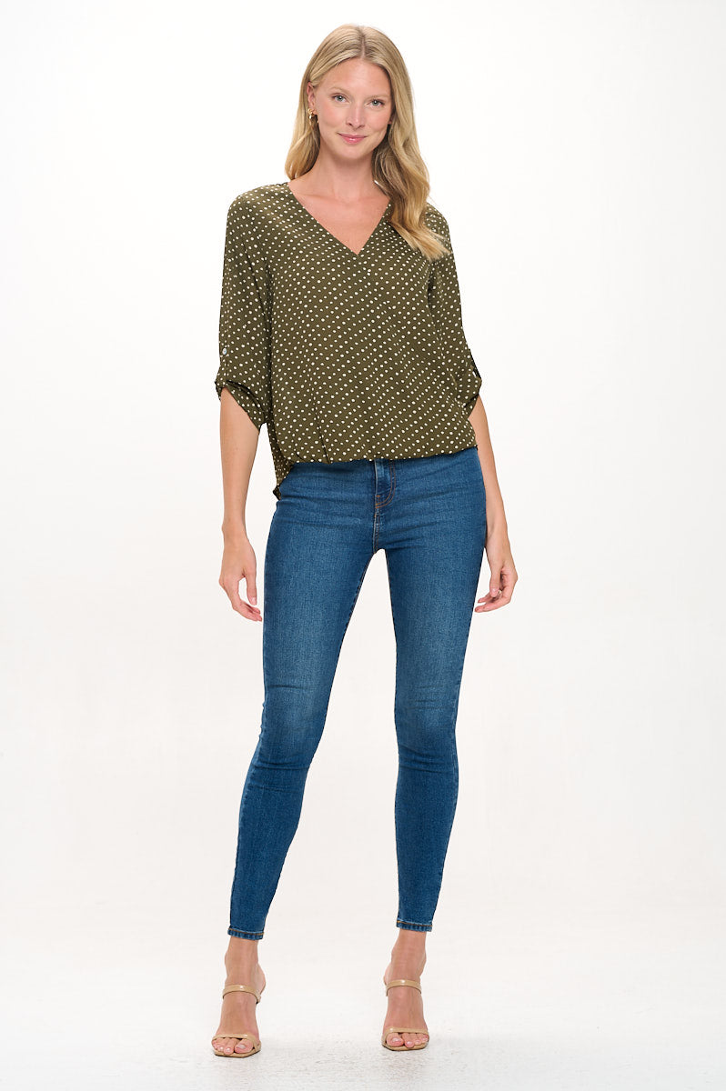 Image of West K Alexa Surplice Roll Tab Blouse Olive Dots