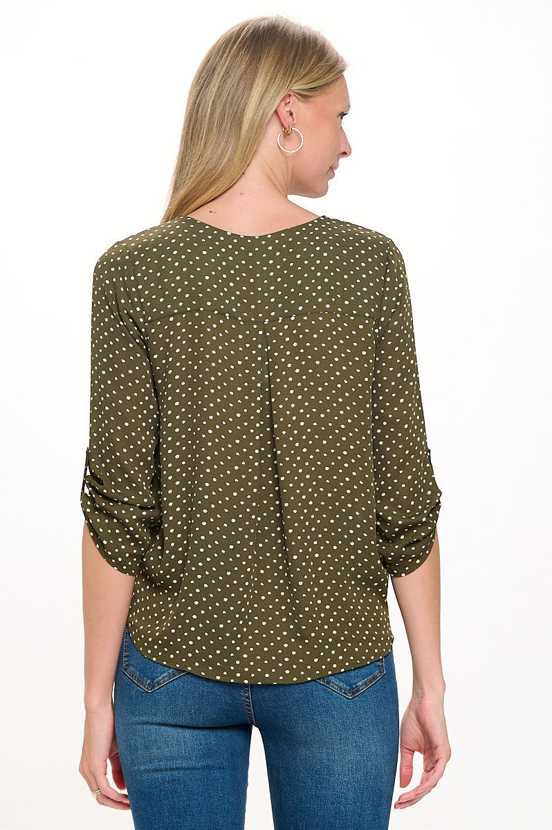 Image of West K Alexa Surplice Roll Tab Blouse Olive Dots