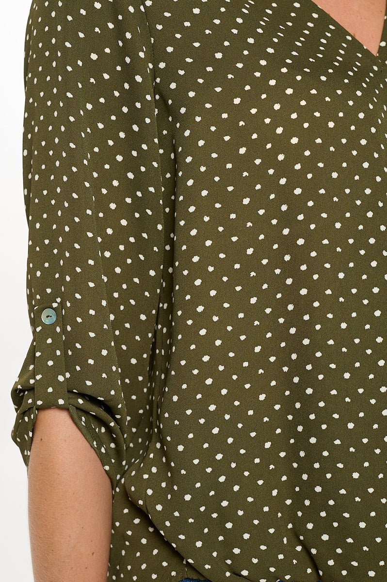 Image of West K Alexa Surplice Roll Tab Blouse Olive Dots