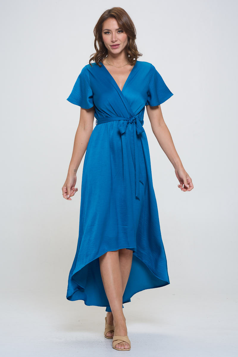 Crinkled Satin Georgia Faux Wrap Dress with Hi-Low Hem and Tie Waist