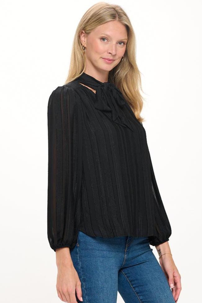 Audrey Long Balloon Sleeve Scarf-Neck Jacquard Blouse