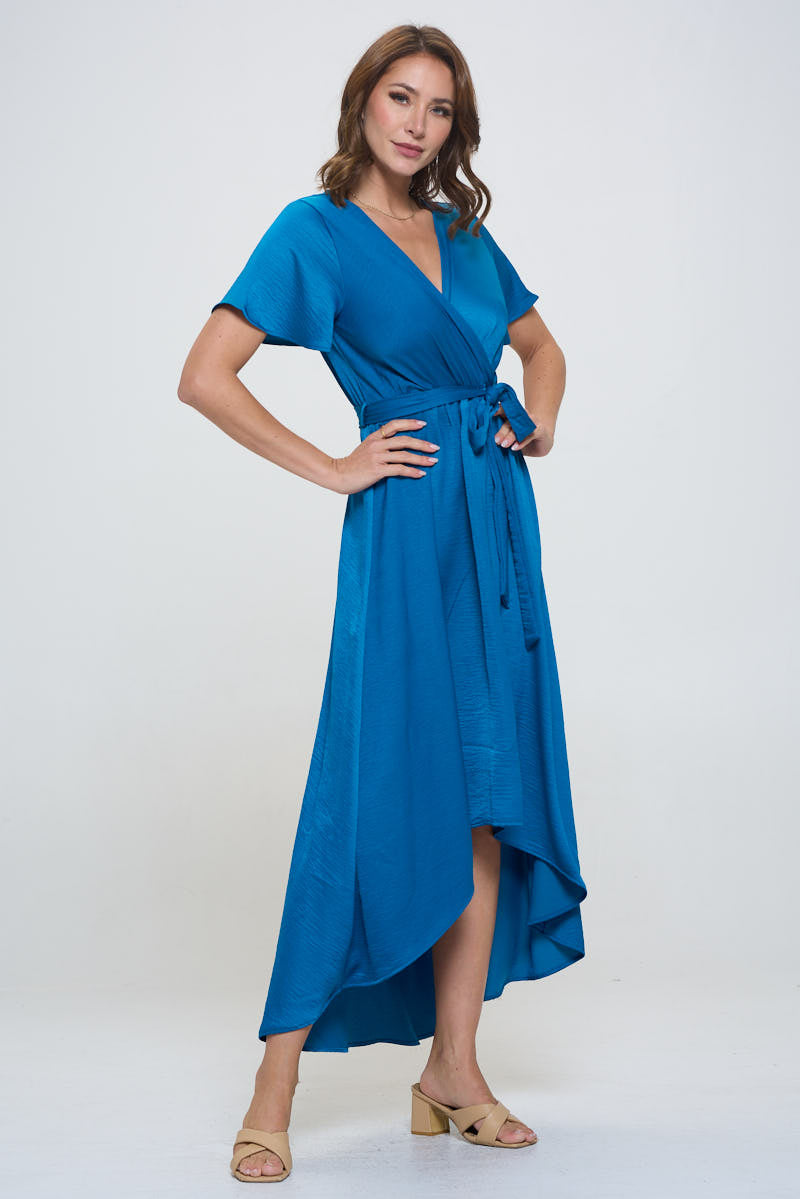 Crinkled Satin Georgia Faux Wrap Dress with Hi-Low Hem and Tie Waist