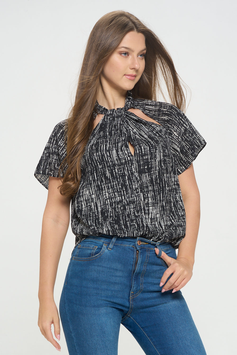 Camilla Flutter Sleeve Woven Top With Neck Cutouts