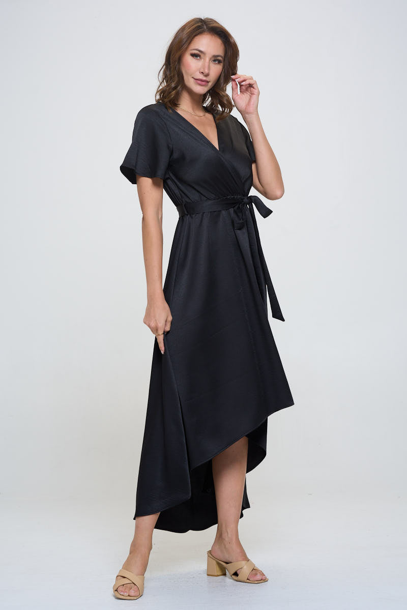 Crinkled Satin Georgia Faux Wrap Dress with Hi-Low Hem and Tie Waist