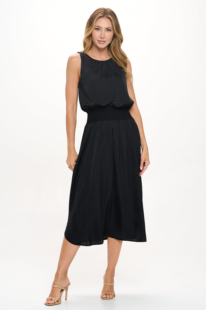 Viviana Smocked-Waist Satin Tank Midi Dress